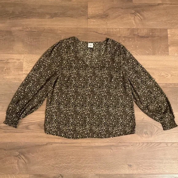 Cabi Chorous v-neck, full sleeve blouse in black, pink, brown floral, L - Picture 9 of 9